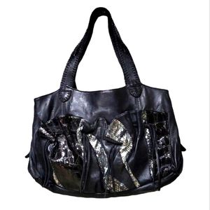 Chi Falchi Black leather snake skin embossed patent whip stitched bag New